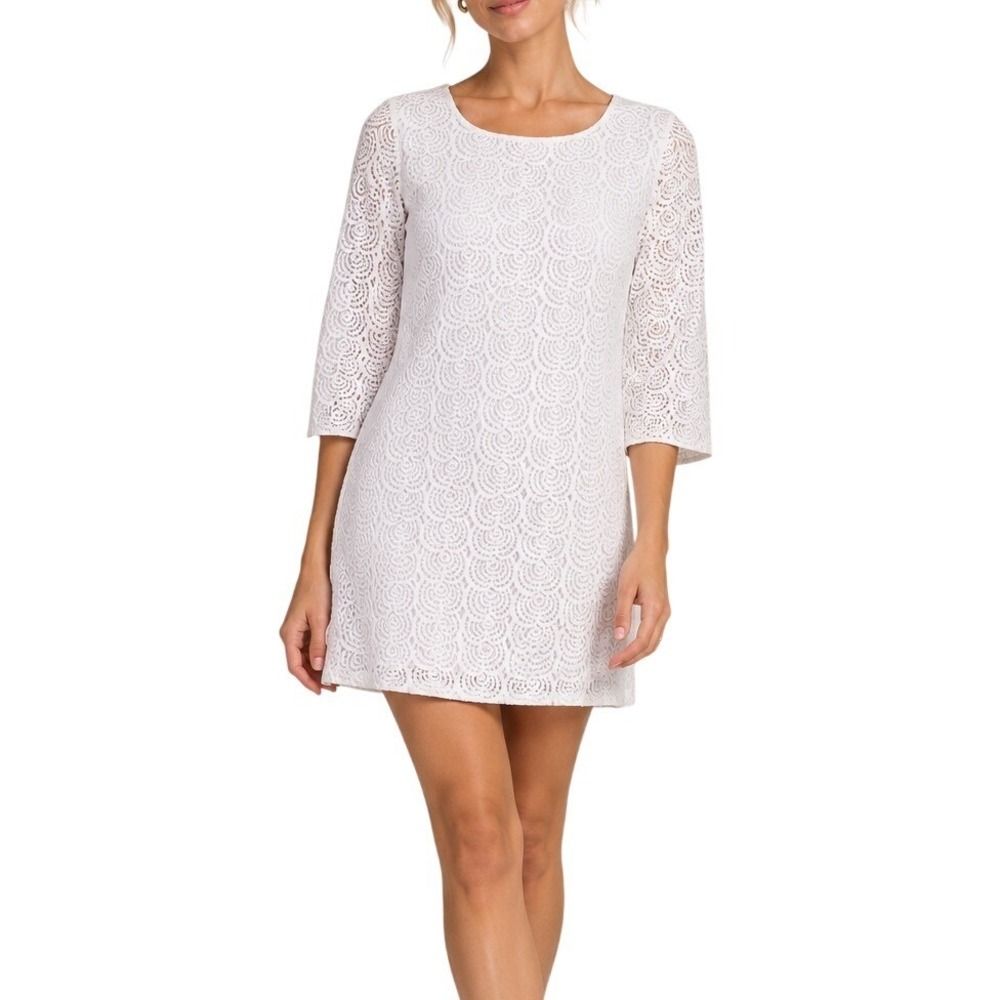 Diane von Furstenberg Martina White Lace Shift Mini Dress 3/4 Sleeve Size 4